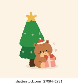 Adorable Christmas Bear with Gift and Tree Illustration