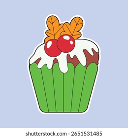 Adorable Christmas cake sticker illustration with white icing, red berries, and orange leaves, perfect for holiday greeting cards, sweet festive designs, winter party decorations, and fun seasonal pro