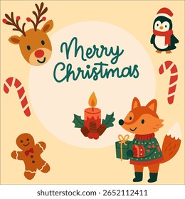 Adorable Christmas card in cartoon style with fox in sweater, reindeer head, penguin, gingerbread man, candle, and candy canes. Festive vector design on light background with Merry Christmas text.