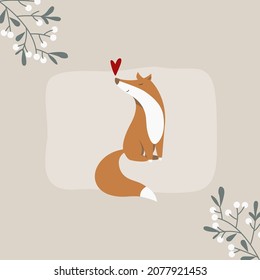 Adorable Christmas card with fox and Christmas wreath with Omela. New year social media template