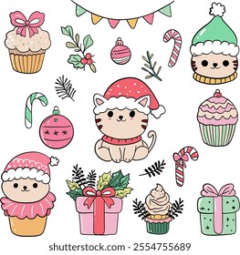 Adorable Christmas Cat Illustrations with Gifts, Cupcakes, Candy Canes, and Festive Decorations for Holiday Cheer