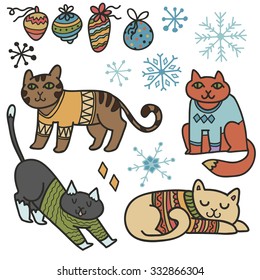 Adorable Christmas cats in warm sweaters. Hand drawn characters, decorations and snowflakes.