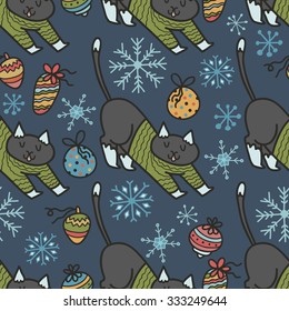 Adorable Christmas cats in warm sweaters. Seamless vector patterns. Hand drawn characters, decorations and snowflakes.
