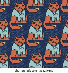 Adorable Christmas cats in warm sweaters. Seamless vector patterns. Hand drawn characters, decorations and snowflakes.