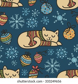 Adorable Christmas cats in warm sweaters. Seamless vector patterns. Hand drawn characters, decorations and snowflakes.