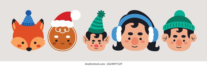 Adorable Christmas Character Faces Collection with Festive Hats