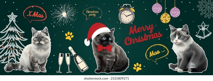 Adorable Christmas collage with playful cats, Christmas tree, and Christmas decorations. Trendy halftone collage for festive party invitation, social media banner, greeting card, and decoration