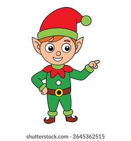 Adorable Christmas elf cartoon with a big smile, wearing a festive outfit and hat, happily pointing to the side—perfect for holiday fun and cheerful designs!
