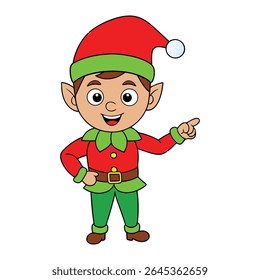 Adorable Christmas elf cartoon with a big smile, wearing a festive outfit and hat, happily pointing to the side—perfect for holiday fun and cheerful designs!
