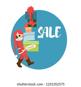 Adorable christmas elf character with presents boxes with the sale offer 