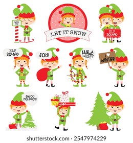 Entzückendes Weihnachtselfen Clipart Set. Mit fröhlichen Elfen mit Geschenken, festlichen Bäumen und lustigen Festtagssprüchen sind diese Designs ideal für die Erstellung von Weihnachtskarten, Partyeinladungen und mehr.