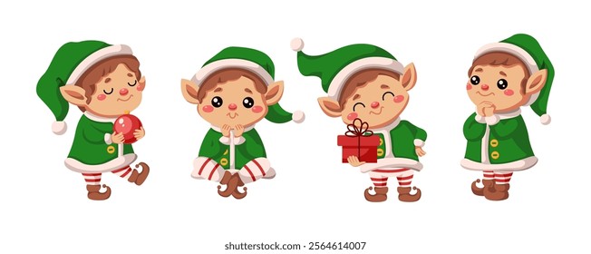 Adorable Christmas elves in green suits flat color vector icon set. Winter holiday season traditional characters pack on white background