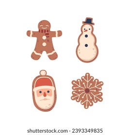 Adorable Christmas Gingerbread Cookies, Shaped Like Festive Snowflake, Man, Snowman And Santa Claus Characters