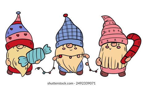 Adorables Navidades Gnome Conjunto de dibujos animados - Ilustraciones vectoriales de Gnomos en varias posturas para Festiva Cheer.