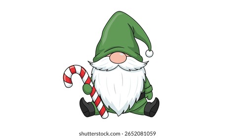Adorable christmas gnome holding a candy cane with festive green hat and white beard