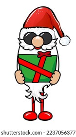 Adorable Christmas gnome in Santa dress - gnome with gift. Nordic magic dwarf. Cute holidays Elf with hat. Vector illustration for Winter holidays and happy new year.