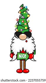 Adorable Christmas gnome tangled the christmas lights - gnome with nice word. Nordic magic dwarf. Cute holidays Elf with hat. Vector illustration for Winter holidays and happy new year.