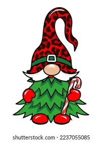 Adorable Christmas gnome with Christmas tree - gnome with candy cane. Nordic magic dwarf. Cute holidays Elf with hat. Vector illustration for Winter holidays and happy new year.
