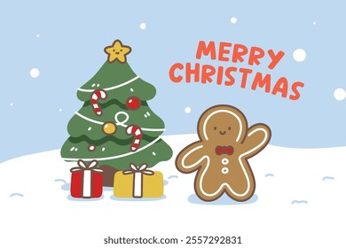 An adorable Christmas illustration featuring a decorated Christmas tree, colorful gift boxes, and a cheerful gingerbread man waving happily in the snow, with the text ‘Merry Christmas’ in bold red let