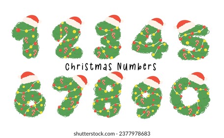 adorable Christmas numbers 0-9, featuring festive wreaths and Santa hats. These kid-friendly, playful designs are perfect for creating cheerful and joyful holiday decorations and materials.