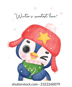 Adorable Christmas penguin hugs a hot chocolate mug in this joyful watercolour illustration. Perfect for festive greetings and cozy winter designs.