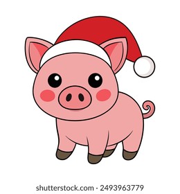 Adorable Christmas pig with Santa hat vector illustration