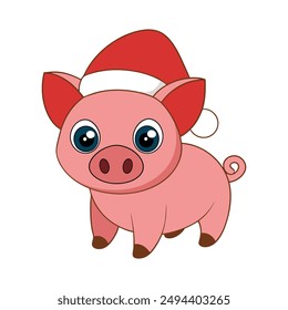 Adorable Christmas pig with Santa hat vector illustration