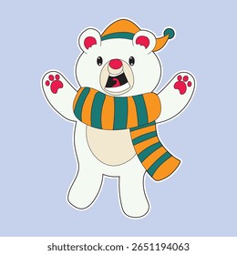 Adorable Christmas polar bear sticker illustration with striped scarf and festive hat, perfect for holiday greeting cards, cheerful winter decorations, fun seasonal designs, and joyful creative