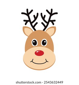 Adorable Christmas Reindeer Face with Red Nose - Festive Cartoon Deer Icon for Holiday Decor and Greeting Cards