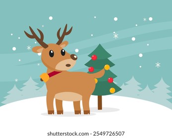 An adorable Christmas reindeer vector standing in the snow, with a Christmas tree beside it. Perfect illustration for Christmas greeting cards, social media designs, or other creative projects. 