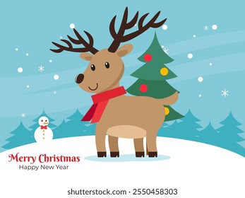 An adorable Christmas reindeer vector standing beside a Christmas tree, with a beautiful winter landscape in the background. The reindeer is wearing a warm red scarf, adding to the festive Christmas 