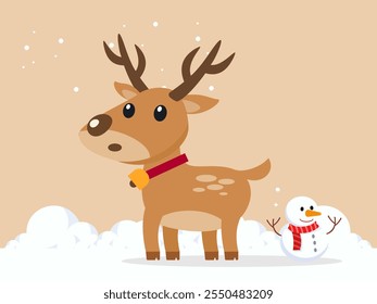 An adorable Christmas reindeer vector standing beside a snowman. Its friendly expression and relaxed pose show their friendship. 