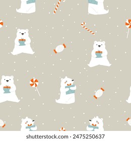 Adorable Christmas seamless pattern with festive polar bears. Perfect for gift wrapping paper, textile, stationery, home decor