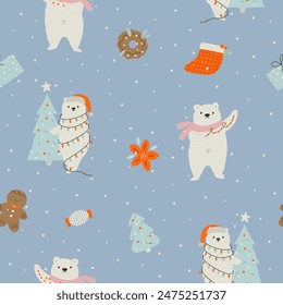 Adorable Christmas seamless pattern with festive polar bears. Perfect for gift wrapping paper, textile, stationery, home decor