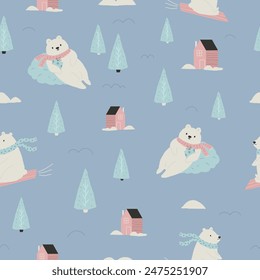 Adorable Christmas seamless pattern with festive polar bears. Perfect for gift wrapping paper, textile, stationery, home decor