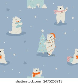 Adorable Christmas seamless pattern with festive polar bears. Perfect for gift wrapping paper, textile, stationery, home decor