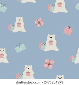 Adorable Christmas seamless pattern with festive polar bears. Perfect for gift wrapping paper, textile, stationery, home decor