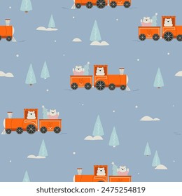 Adorable Christmas seamless pattern with festive polar bears in a holiday train. Perfect for gift wrapping paper, textile, stationery, home decor