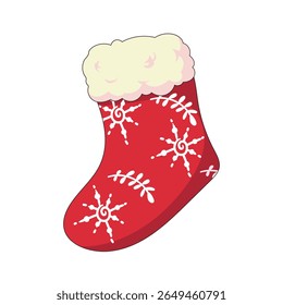 Adorable Christmas stocking vector illustration with red color, white snowflake patterns, and soft fluffy top. Ideal for greeting cards, winter decor, festive packaging, holiday party invitations