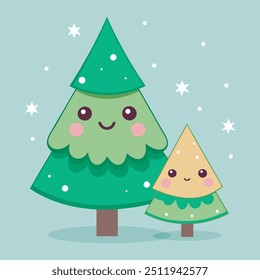 Adorable Christmas Tree Characters with Smiley Faces festive Clipart, Kawaii Christmas Trees with Happy Faces 