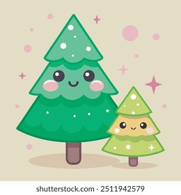 Adorable Weihnachtsbaum Zeichen mit Smiley Gesichter festlichen Clipart, Kawaii Weihnachtsbäume mit glücklichen Gesichter 