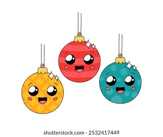 Adorable Christmas tree ornaments with cheerful faces. Cute smiling baubles set vector illustration. Doodle Xmas decorations, happy characters in groovy and kawaii styles