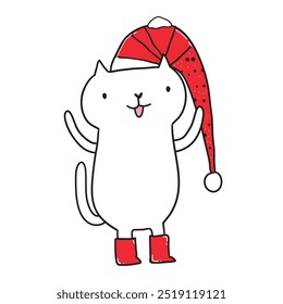 Adorable Christmas-themed illustration of a cute cat in a Santa hat, perfect for holiday designs. This festive image captures the cozy, joyful spirit of the season, ideal for greeting cards or decor
