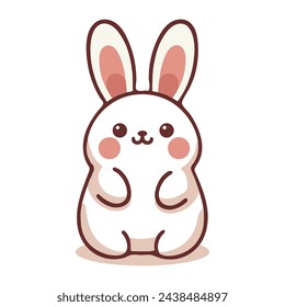 adorable chubby fluffy cute friendly easter bunny rabbit vector illustration cartoon style sits on floor toy charming on white background isolated children book, soft baby face expression 