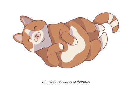 Adorable chubby orange and white cat peacefully sleeping curled up, in cartoon style on white background. Concept of relaxation and cozy comfort. Vector illustration