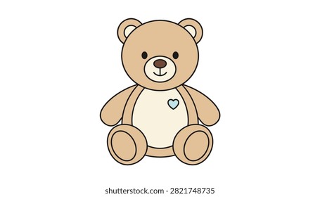 Adorable classic brown teddy bear toy sitting with a small blue heart on chest over a white background.