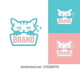 An adorable and clean vector mascot logo featuring a happy kitten peeking out of a box with cute sparkles. This minimalist kawaii design uses a fresh teal and soft pink color palette, making it perfect for pet boutiques, animal shelters, unboxing channels, subscription boxes, or children's brands.