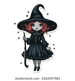 Adorable clip art - Cute girl witch in Halloween with pointy hat in vector surrounded by stars on a light background