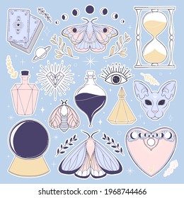 Adorable clip art illustration. Hand drawn celestial template for stickers.  Mystical themed printable with star and magic items.