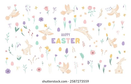 Adorable clip art for traditional Easter holiday. Cute set Easter graphic elements isolated on white background. Colorful collection with rabbits, birds, eggs and spring flowers. Vector illustration